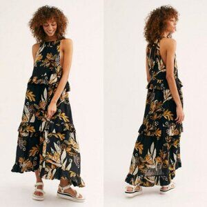 Free People Anita Printed Maxi Dress Size Small? Black Floral Tiered Boho